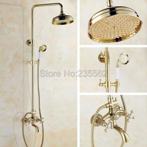 Luxury Gold Color Brass Bathroom 8 inch Shower Rain Shower Faucet Set with Tub Mixer Taps + Ceramic Handheld Shower Head lgf451