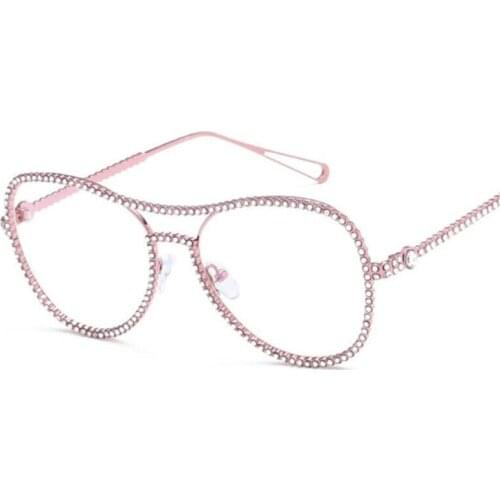 Luxury Sunglasses with CHAIN Women Brand Designer Ladies rhinestone Sunglasses Coating Clear Mirror Lens eyeglasses Female