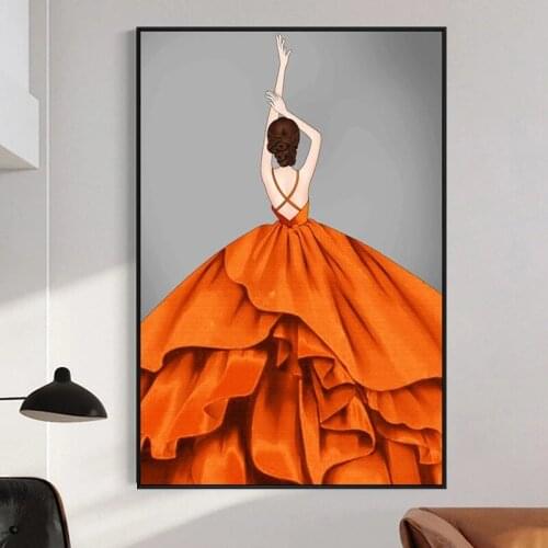 Modern Abstract Noble Orange Dress Woman Canvas Painting Nordic Posters and Prints Wall Art for Home Decor (No Frame)