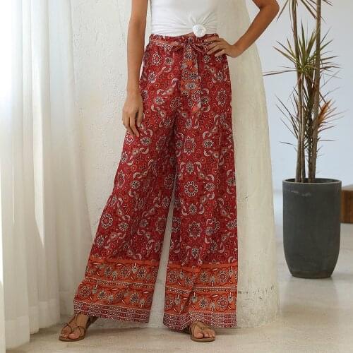 Vintage Fashion Women Floral Print Wide Leg Bohemian Pants Lady Loose Lace Up High Waist Casual Long Pants Plus Size Bottoms
