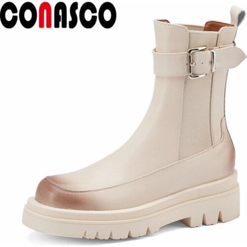 CONASCO New Arrival Women Ankle Boots Autumn Winter Warm Genuine Leather Casual Concise Shoes Belt Buckle Boots Woman