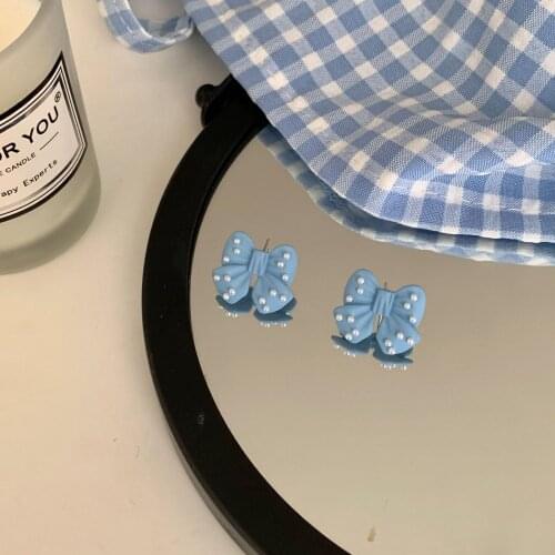 Prevent Allergy Simple Blue Girl Cute Pearl Bow Earrings Sweet Paint Korean Ear Stud Female Non-Pierced Ear Clips