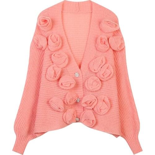 2021 Autumn Winter New Womens V-Neck Long Sleeve Flower Stitching Pink Loose Thick Knitted Warm Cardigan Coat