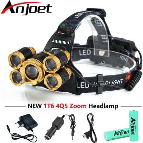 Anjoet 15000 lumens rechargeable 5 Leds T6 LED headlamp headlight Zoomable flashlight head lamp waterproof lights 18650 B