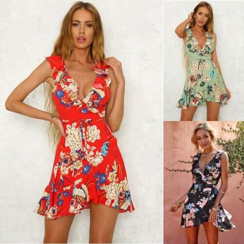 2018 Summer Chiffon Flower Women Dress Fashion v neck Printed Dress For Women Sleeveless Drape Ruffle Dress Ladies Dresses