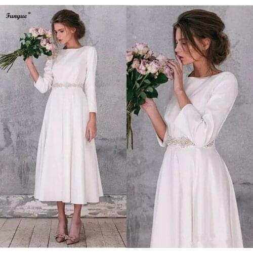 2021 Vintage A Line Tea Length Wedding Dresses Long Sleeve Satin Simple Wedding Bridal Gowns Beaded Belt Robe De Mariage