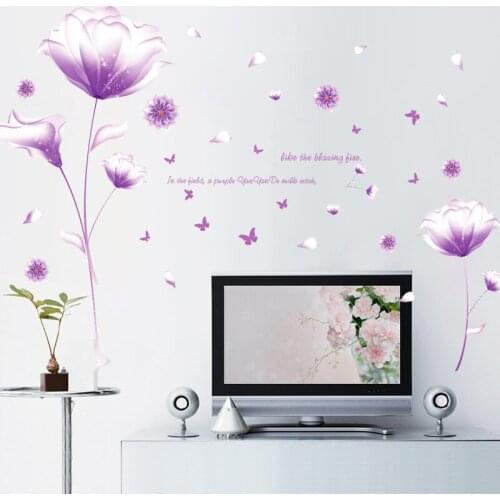3D Wall Art Romantic Blooming Purple Flower Living Room Bedroom Decoration Wall Sticker Wall Decals Glass Decal Poster
