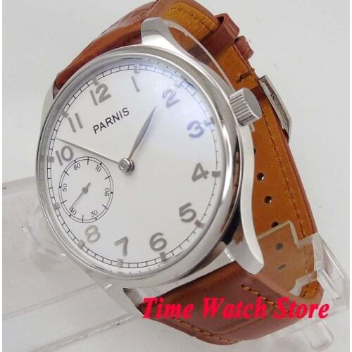 44mm Parnis polished 17 jewels 6497 hand winding mens watch waterproof white dial silver hands leather strap 28