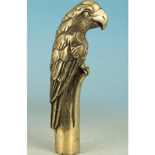 715+++Brass Chinese Old Brass Handmade Carved Parrot Collect Statue Walking Stick Head