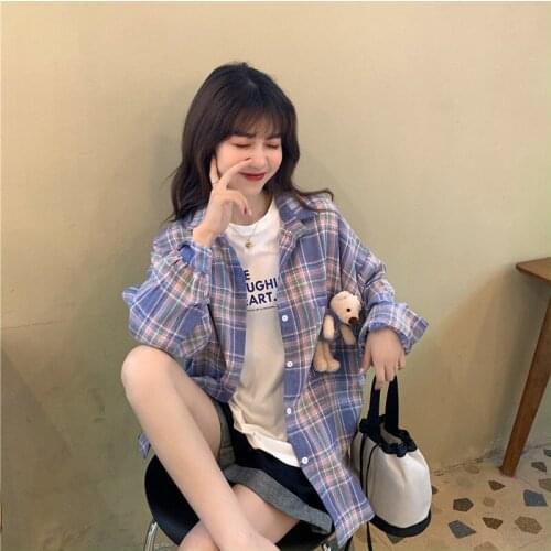 Blouse Women Autumn Women Clothing Bear Pocket Plaid Long Sleeve Loose Top Women Blusas Mujer De Moda