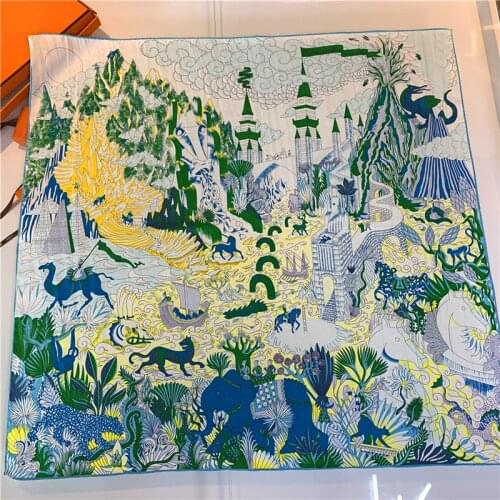 90cm Brand Hijab Scarf Women Bandana Handmade Curled Twill Silk Square Scarf "The universe disposition" Foulard Head Scarves