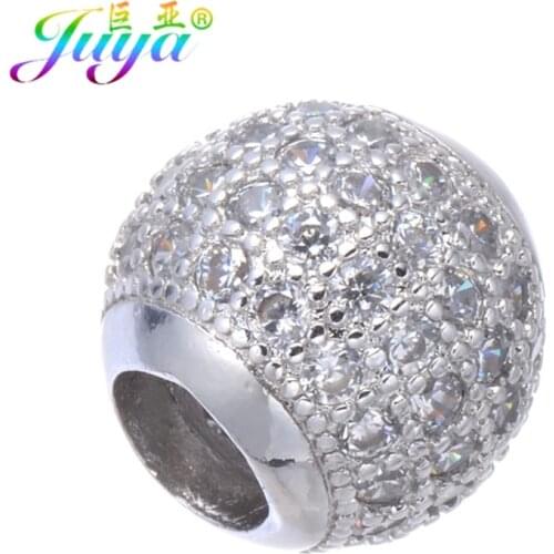 Juya DIY 12mm Perles Supplies Micro Pave Zircon Large Hole Metal Ball Beads For Women Men Handmade Charms Beading Jewelry Making