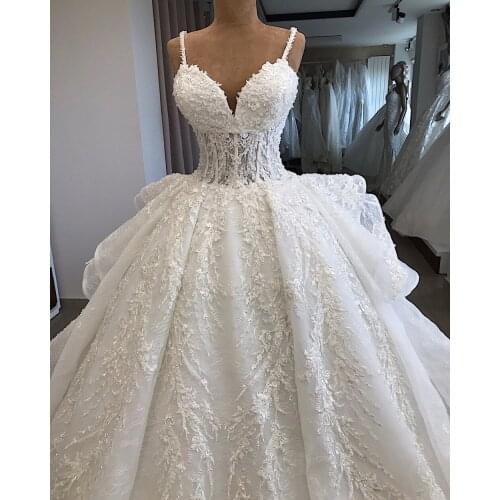 Elegant Spaghetti Strap Ball Gown Beading Applique Lace Draped Wedding Dress 2021 Court Train Lace Up Back Dress Wedding