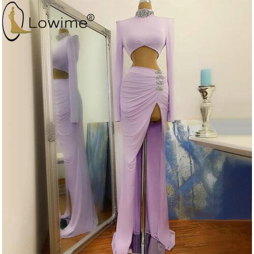 Elegant Light Purple Two Piece Evening Dresses High Neck Long Sleeve Sexy Split Evening Gowns