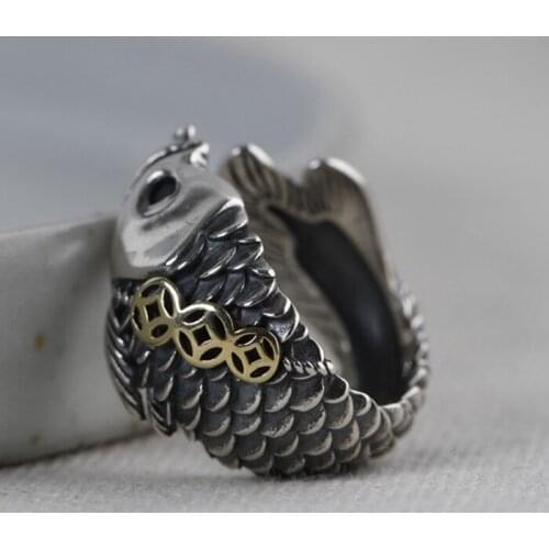 925 Sterling Silver fish men women flower ring rings jewelry adjustable A4442