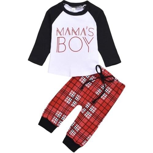 Kid Baby Boy Girl Clothes Set Mamas Print Long Sleeve Tee Top+Red Plaid Trousers Clothing Set Infant Outfit