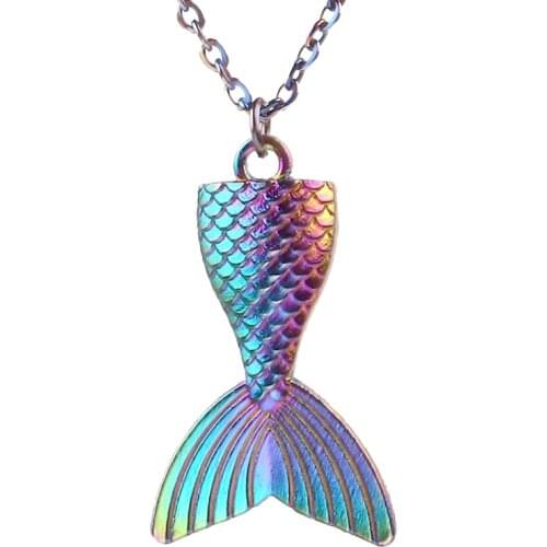 Fashion Rainbow Ocean Mermaid Tail Pendant Necklace Charm 50cm Stainless Steel Chain Necklaces Jewelry 23606