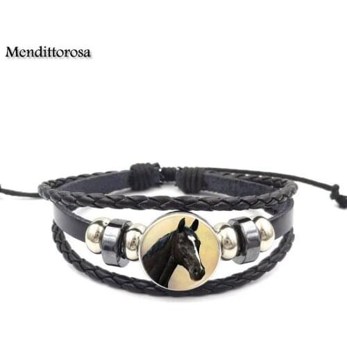 Mendittorosa Horse Fashion Glass For Women High Quality Girls Black Leather Bracelet Bangles Jewelry