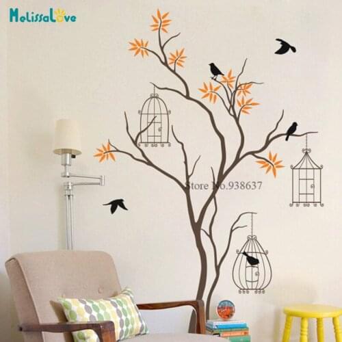 Baby Nursery Tree Mural Leave And Birdcage Removable Vinyl Wall Art Stickers Playroom Kid Room Home Decor BB823