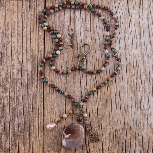 RH New Fashion Bohemian Jewelry Accessory 6mm Glass/Stones Knotted With Agt Stone Pendant Necklaces For Women Gift Dropship