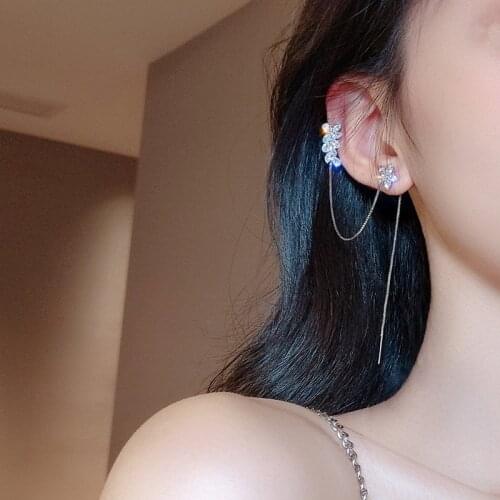 New Arrival Crystal Trendy Water Flower Tassel Earbone Clip Ins Earrings Long Line Pendientes Female Elegant Jewelry Girl Gifts