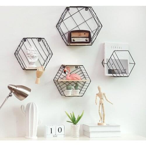 Wholesale creative iron hexagon grid wall shelf wall hanging living room bedroom wall decoration