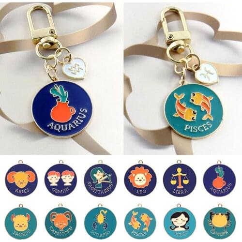 Doreen Box Cute Cartoon Pendants Round Gold Color Metal Sign Of Zodiac Constellations Enamel Charms DIY Jewelry 30mm x 27mm,5PCs