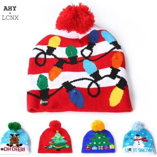 LED Christmas Hat Baby Knitted Winter Hats Light Up Beanie Kids Adult Caps Santa Claus Parent-child New Years Decor Party Cap
