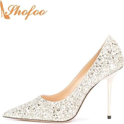 Gold Sequined Cloth High Thin Heels Pointed Toe Pumps Woman Large Size 12 14 Ladies Autumn Fashion Party Mature Shoes Shofoo