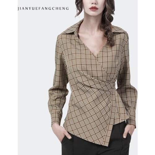 French Style V-Neck Women Plaid Shirt Long Sleeve Elegant Slim Side Single-Button Cardigan Top Outwear Irregular Length Blouse