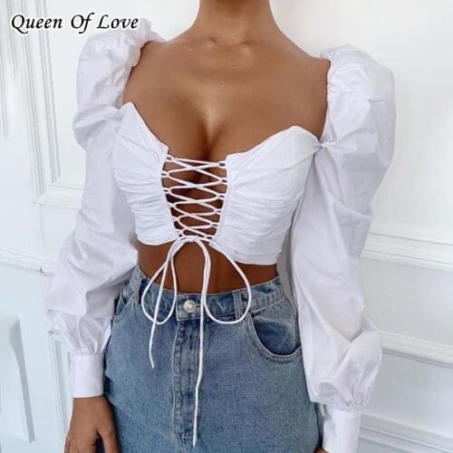 2021 New Women Puff Sleeve Strapless Crop Top White Shirts Sexy Solid Hollow Out Lace Up Blouses Women Midriff-Baring Tops