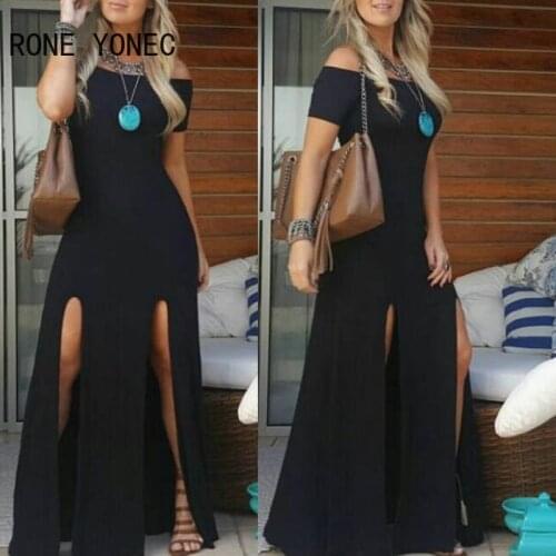 Women Solid Off Shoulder High Slit Maxi Dress Maxi Dress Vacation Dress 2021