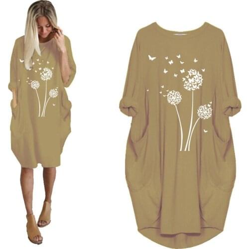 Womens Midi Dress Dandelion Print Vintage Vestidos Long Sleeve O Neck Pocket Loose Robe Femme Casual Dresses Female Streetwear