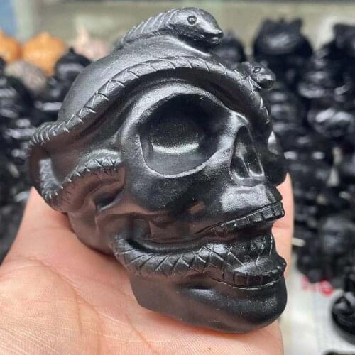 1pcs Hand-carved obsidian double snake around skull crystal healing craft jewelry