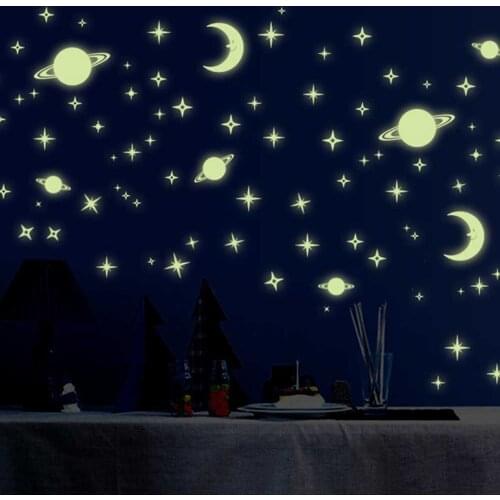 2 Sheet 3D Fluorescent Wall Stickers Glow in the Dark Planet Stars Moon Luminous Planets Sticker Decals Baby Home Decoration