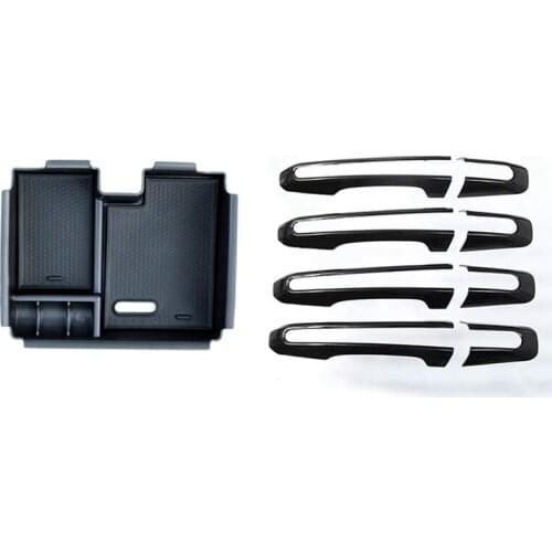 2 Set Car Accessories: 1 Pcs Central Armrest Storage Box & 1 Set Car Door Handle Trim Frame Stickers Decals