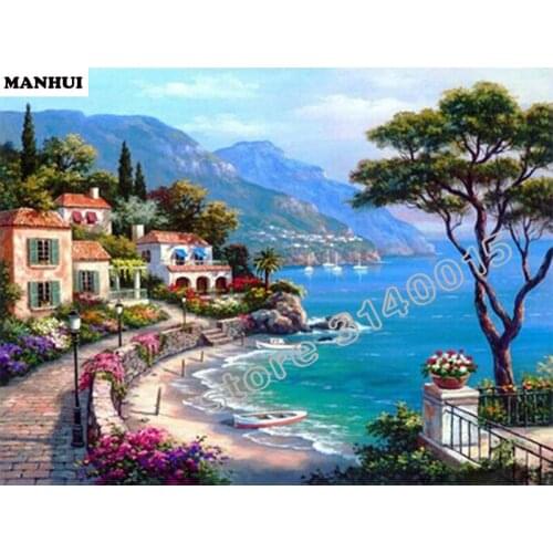 3D Diamond Painting Cross Stitch Seaside house carriage Crystal Needlework Diamond Embroidery Full Diamond Decorative BCD080