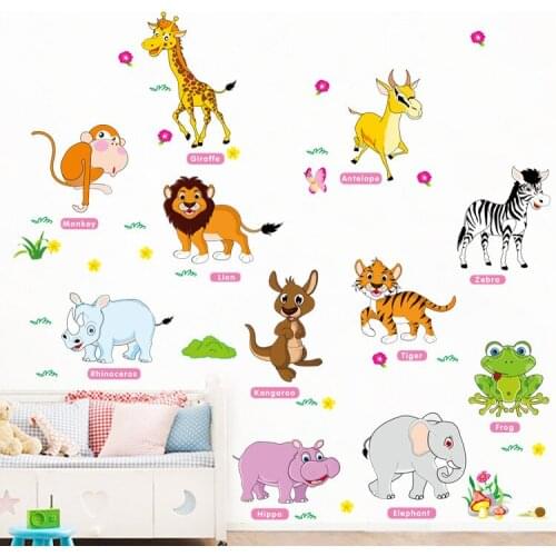 Big Baby Learn English Animal Cartoon Wall Stickers for Childrens Room Kindergarten Bedroom Living Room Decoration Removable