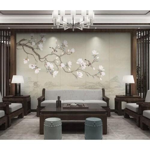 Retro new Chinese style house decoration hand-painted flowers and birds magnolia flowers and birds bedroom flowers and birds hom
