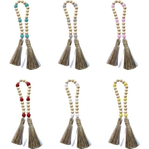 Rustic Wood Bead Garland Ornament Boho Knitting Wool Ball Tassel Wood Bead Home Decor Farmhouse Country Wall Hanging Decoration
