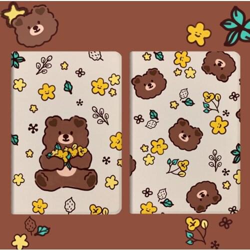 For iPad Mini 12345 Cute Bears Floral Silk Case For iPad 23456 Air 1/2/3/4 Auto Sleep Stand Covers For iPad Pro 10.5/10.9/11.0