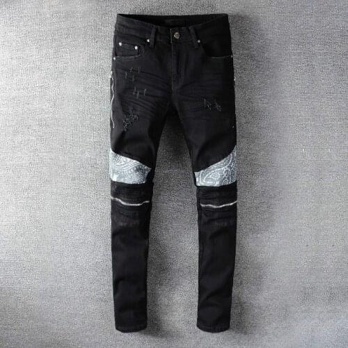 Trendy Lucky Cloud Patchwork Jeans Men Black Slim Fit Hip Hop Jeans Pants Autumn Punk Rock Ripped Zipper Party Club DJ Jeans