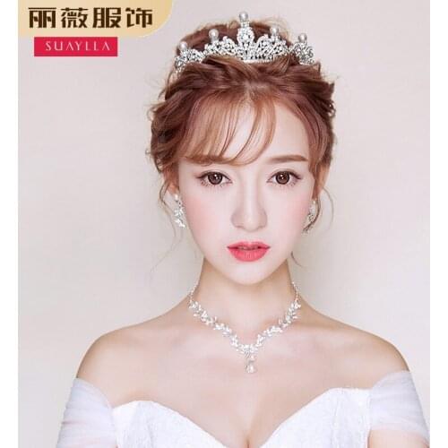 Bridal Tiara Three Piece Set Atmospheric Wedding White Ornament Wedding Dress Accessories Crown Neckle Earring Set