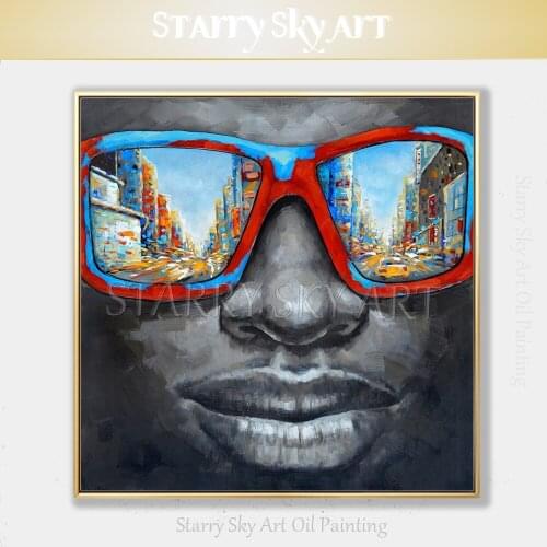 Skilled Artist Hand-painted High Quality Black Man Oil Painting on Canvas Black Man with Sunglasses Looking at New York Painting