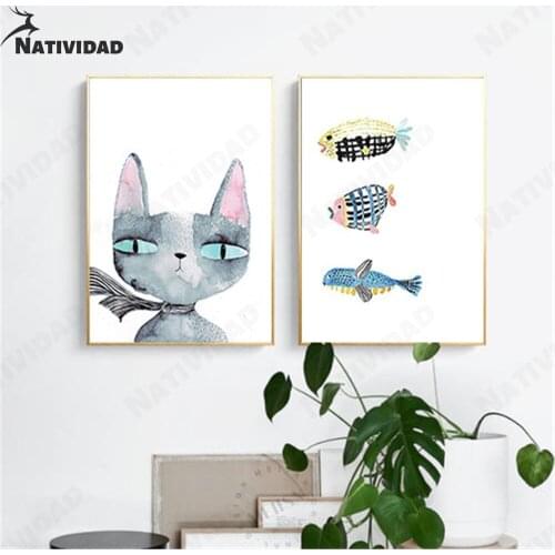 Canvas Painting Cat Cartoon Decoration Modern Japanese Fish Painting Art Poster Bedroom Living Room Home Hotel Wall Decor