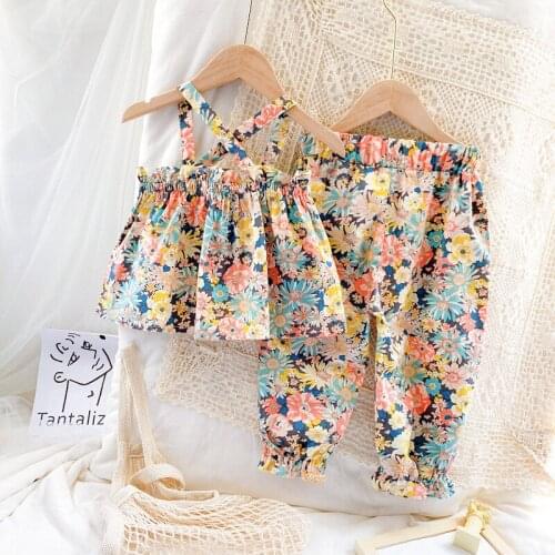 2021 New Summer 2-7Y Toddler Fashion Kid Baby girl Clothing Girl Outfits Flower Printed Top And Pants Outfit 2Pcs Outfit Clothes
