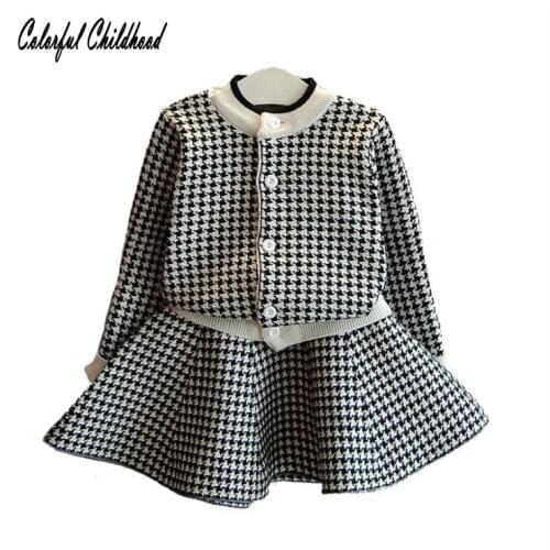 2PC Baby Kids Girls Clothes Set Autumn School Style Casual Knitted Plaid Coat+Skirt Toddler Girl boutique Clothes Suits for 2-7t