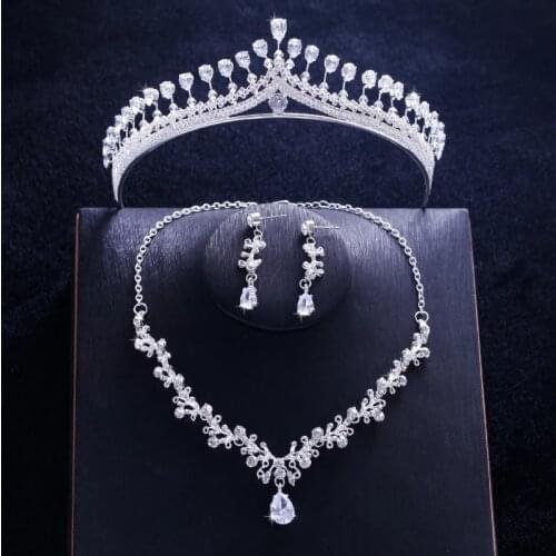 Baroque Luxury Crystal Cubic Zirconia Bridal Jewelry Sets Rhinestone Tiaras CZ Crown Necklace Earrings Wedding Dubai Jewelry Set