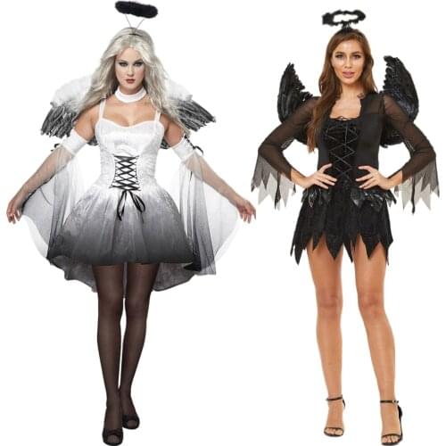 Dark Angel Costume Halloween Carnival Cosplay Women Adult Party Raven Fallen Angel Devil Fancy Dress with Halo & Wing