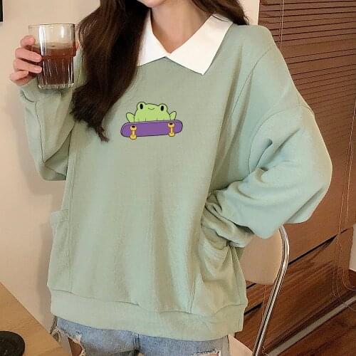 Harajuku Cute Frog Cotton Sweetshirt Long Sleeve Cute Hoodies for Girls Best Friend Hoodie Pullover Chic Casual Losse Girls Tops